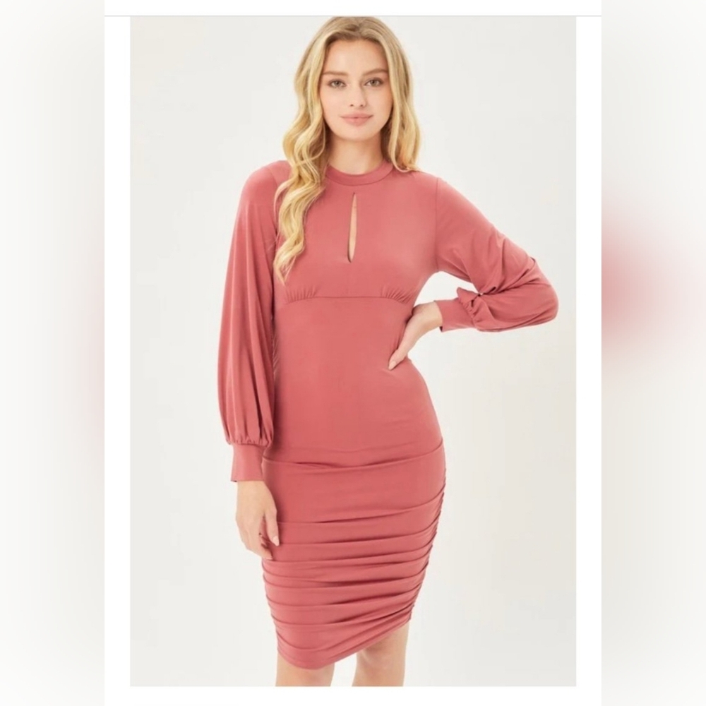 NWT Elegant Mauve Long Sleeve Ruched Dress With Slit/ Bodycon Midi